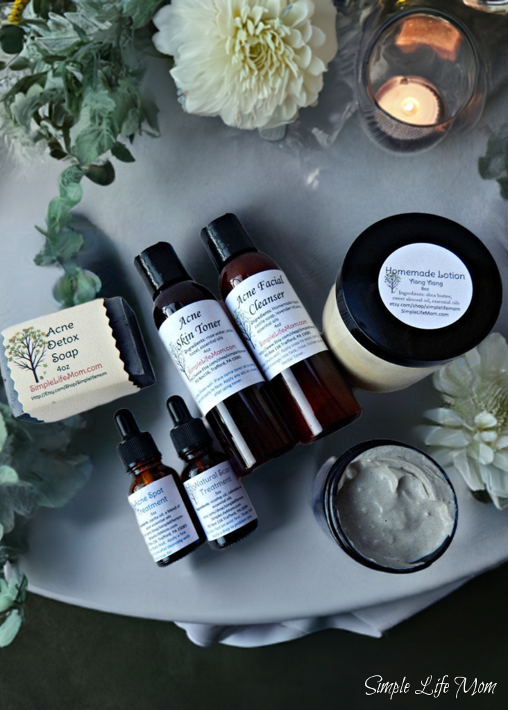 FULL SKIN TREATMENT gift set - all natural spot treatment, scar, charcoal soap, toner, organic moisturizer, face mask